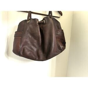 Cole Haan Pebbled Leather Drawstring Shoulder Bag – Large Brown, Braided Handles